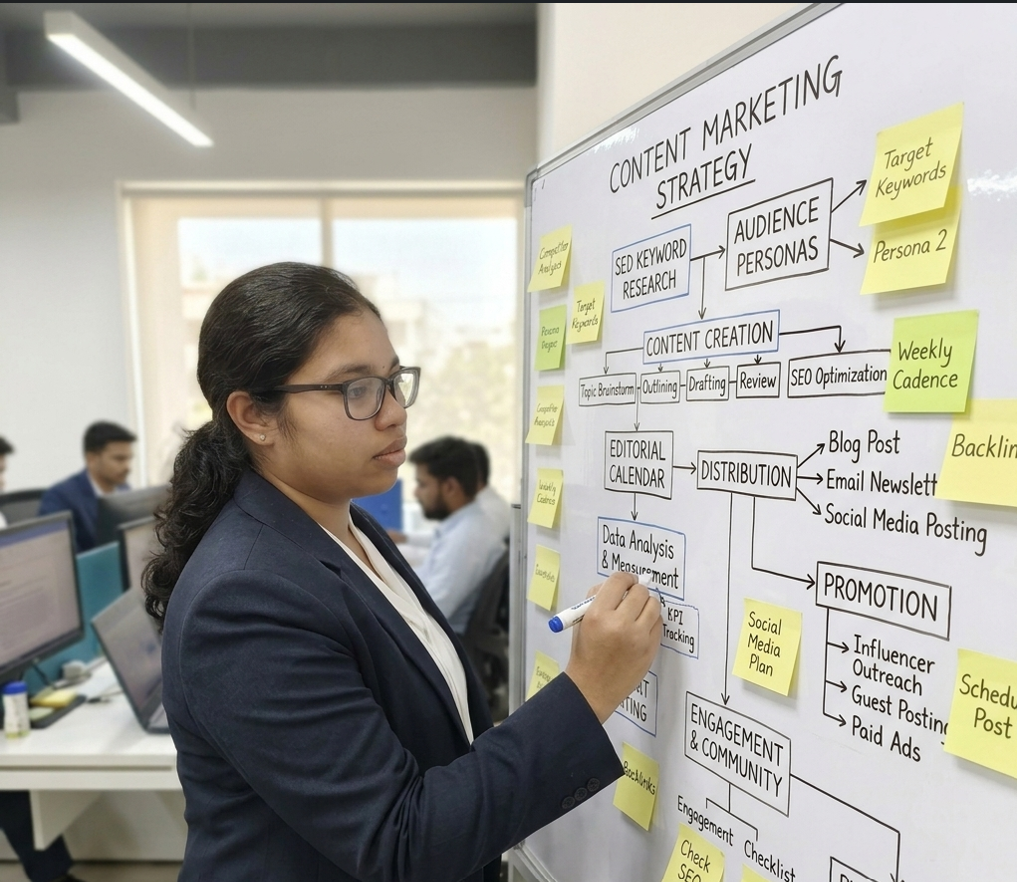 Content marketing professional in Pathanamthitta brainstorming a strategy on a whiteboard.