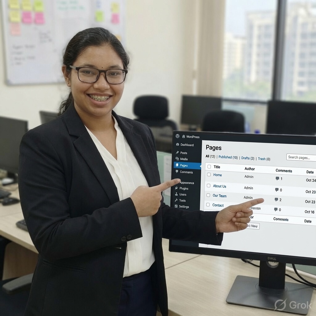 Web design specialist in Pathanamthitta pointing to a WordPress dashboard page on a computer screen to demonstrate CMS management